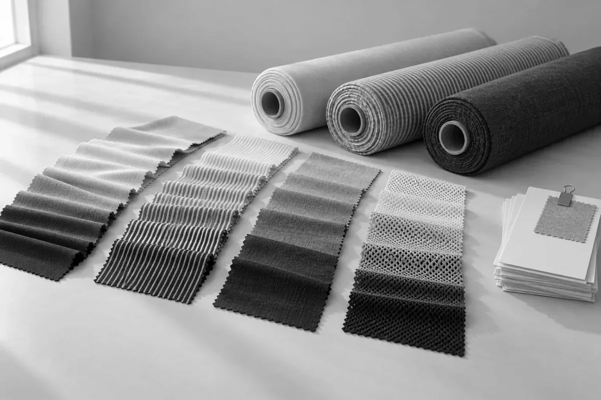Black and white photograph of dyed fabric swatches and lab dip cards laid out on a table